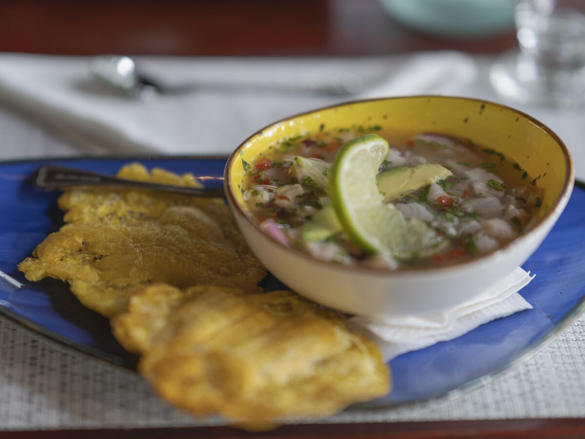 Ceviche and patacones served at Los Vivos Restaurant