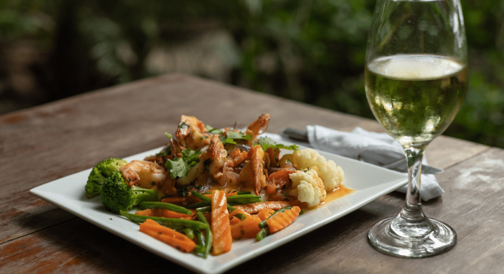 A seafood dish with vegetables at Los Vivos Restaurant
